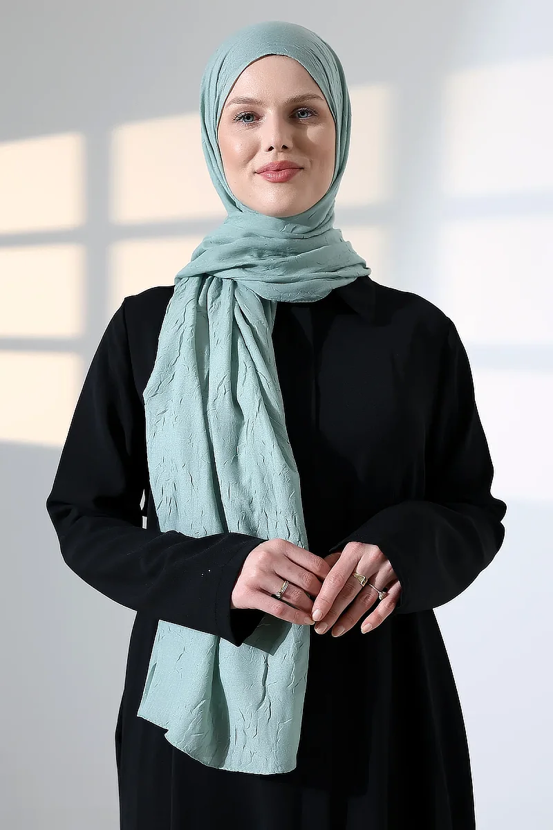 Kadın Tesettür Bambu Kraş Şal, Ütü Gerektirmeyen Doğal Hijab Başörtüsü (75x180 cm) - Yeşil - 5