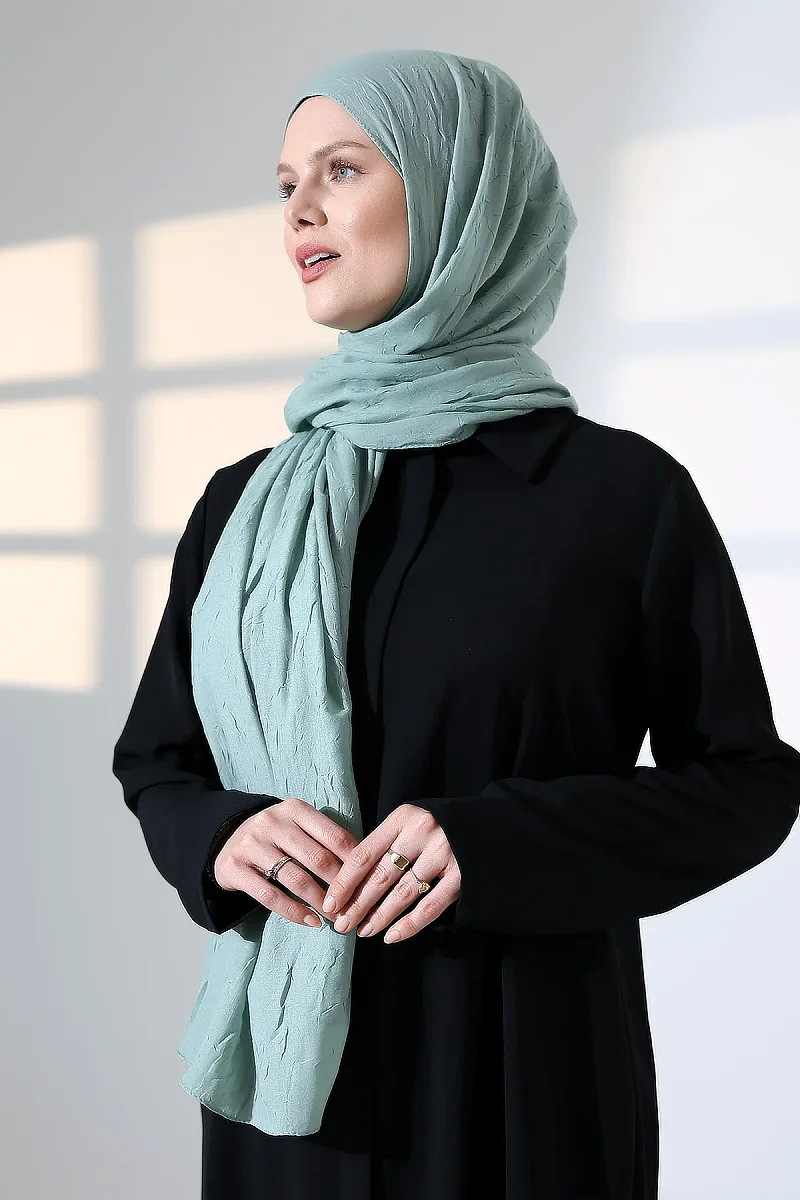 Kadın Tesettür Bambu Kraş Şal, Ütü Gerektirmeyen Doğal Hijab Başörtüsü (75x180 cm) - Yeşil - 6