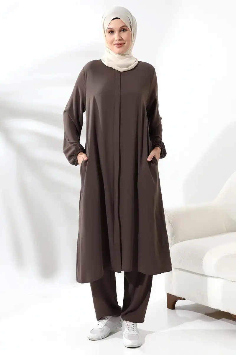 Kadın Hac ve Umre Kıyafeti Tesettür İkili Takım Sütlü Kahve - 1