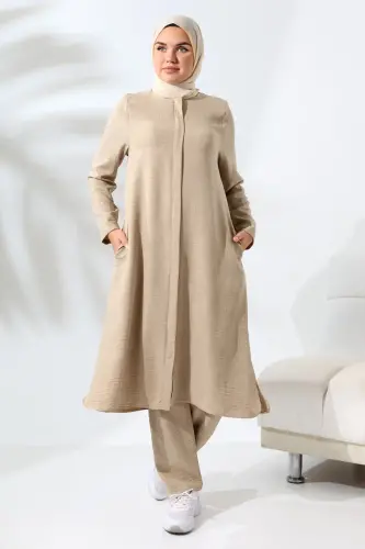 Kadın Vizon Melanj Keten Görünümlü Gizli Fermuarlı Hac Umre Kıyafeti Tesettür İkili Takım 