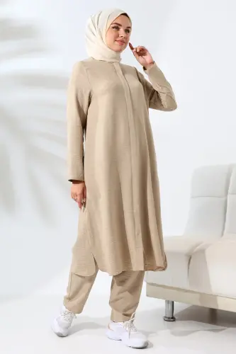 Kadın Vizon Melanj Keten Görünümlü Gizli Fermuarlı Hac Umre Kıyafeti Tesettür İkili Takım - 6