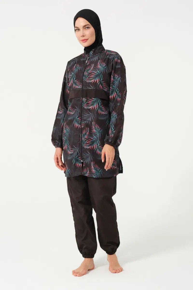 Kadın Yaprak Desenli Jileli Tam Kapalı Tesettür Mayo 22171-25 Siyah - 1