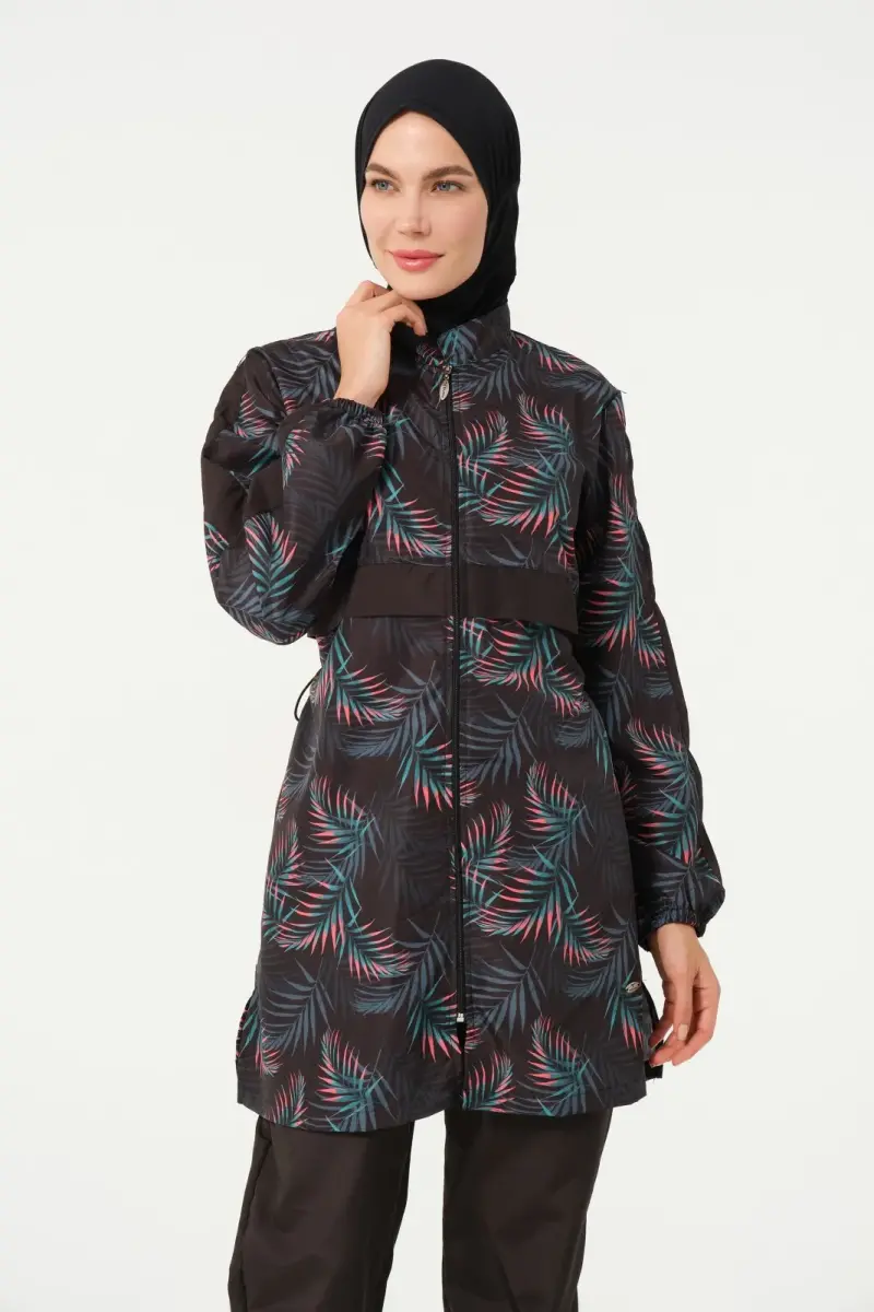 Kadın Yaprak Desenli Jileli Tam Kapalı Tesettür Mayo 22171-25 Siyah - 2