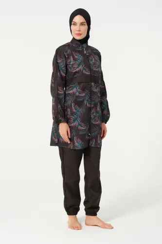 Kadın Yaprak Desenli Jileli Tam Kapalı Tesettür Mayo 22171-25 Siyah - 4