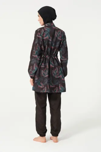 Kadın Yaprak Desenli Jileli Tam Kapalı Tesettür Mayo 22171-25 Siyah - 5