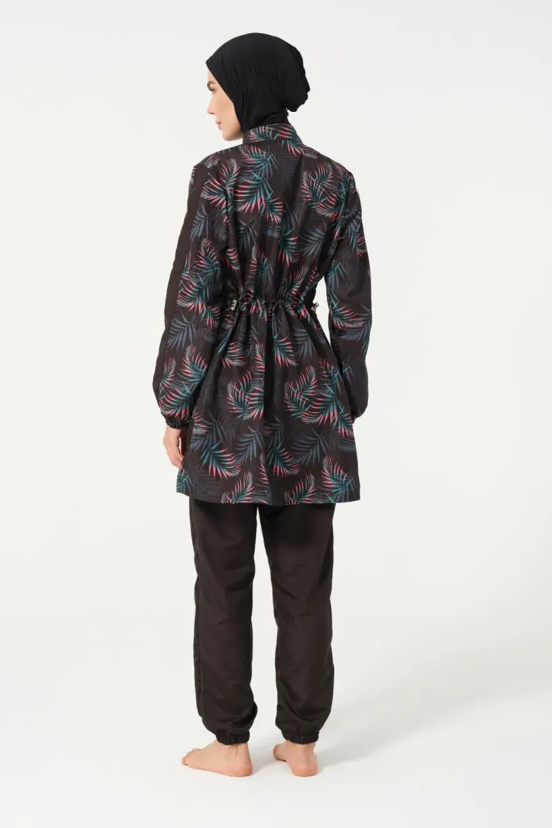 Kadın Yaprak Desenli Jileli Tam Kapalı Tesettür Mayo 22171-25 Siyah - 5