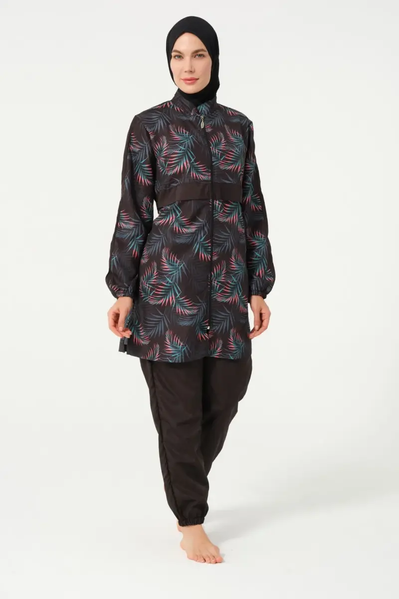 Kadın Yaprak Desenli Jileli Tam Kapalı Tesettür Mayo 22171-25 Siyah - 6