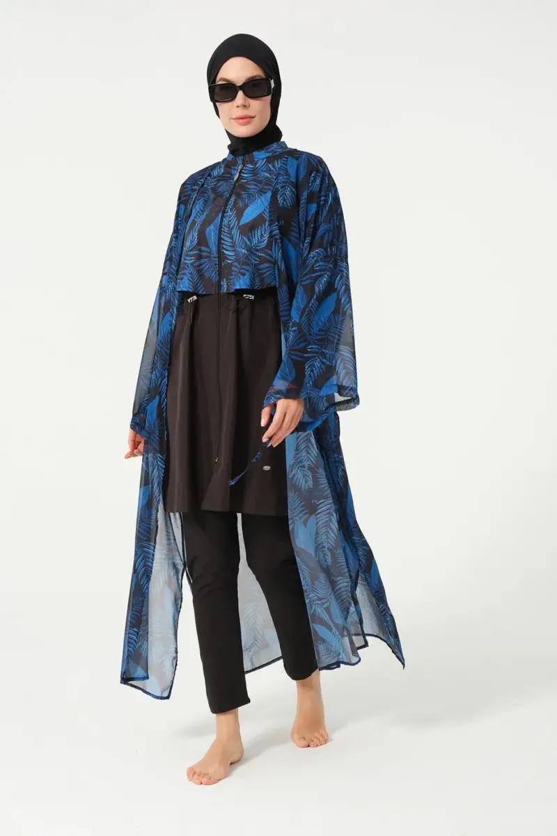 Kadın Yaprak Desenli Kemerli Şifon Pareo - 2630-25 Siyah - 1