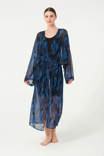 Kadın Yaprak Desenli Kemerli Şifon Pareo - 2630-25 Siyah - Tesmay (1)