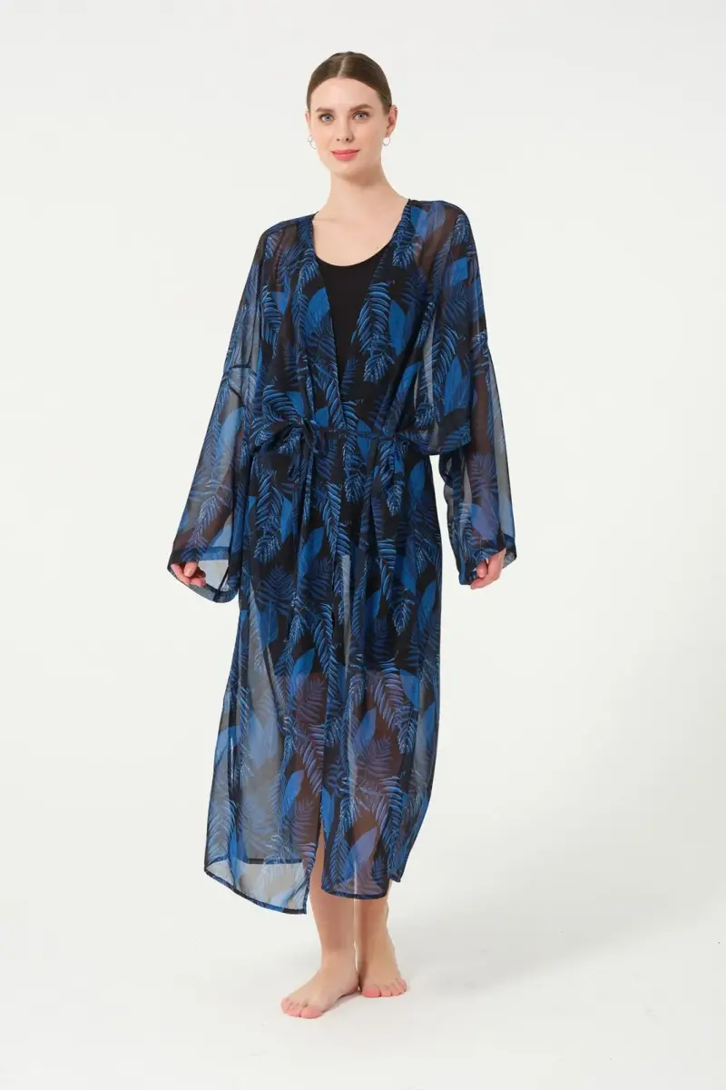 Kadın Yaprak Desenli Kemerli Şifon Pareo - 2630-25 Siyah - 2