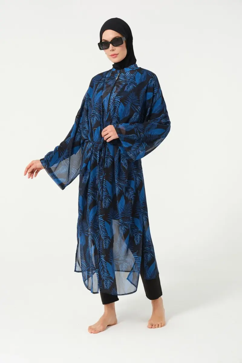 Kadın Yaprak Desenli Kemerli Şifon Pareo - 2630-25 Siyah - 3