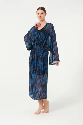 Kadın Yaprak Desenli Kemerli Şifon Pareo - 2630-25 Siyah - 4