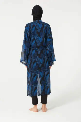 Kadın Yaprak Desenli Kemerli Şifon Pareo - 2630-25 Siyah - 5