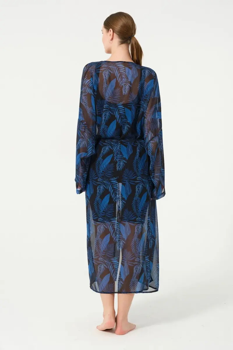 Kadın Yaprak Desenli Kemerli Şifon Pareo - 2630-25 Siyah - 6