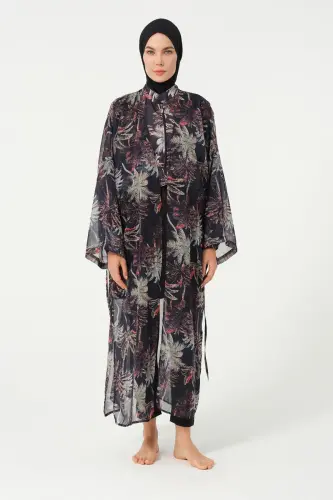 Kadın Yaprak Desenli Kemerli Şifon Pareo - 2632-25 Siyah - 1