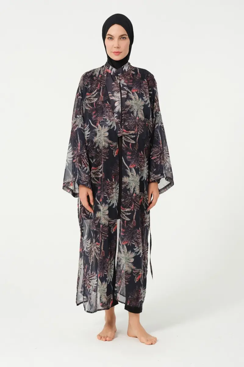 Kadın Yaprak Desenli Kemerli Şifon Pareo - 2632-25 Siyah - 1