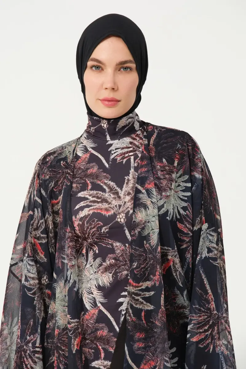 Kadın Yaprak Desenli Kemerli Şifon Pareo - 2632-25 Siyah - 2