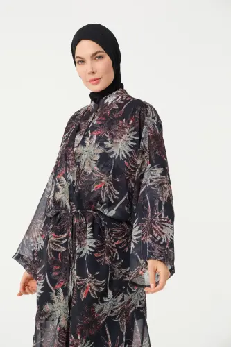 Kadın Yaprak Desenli Kemerli Şifon Pareo - 2632-25 Siyah - 3