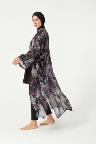 Kadın Yaprak Desenli Kemerli Şifon Pareo - 2632-25 Siyah - 4