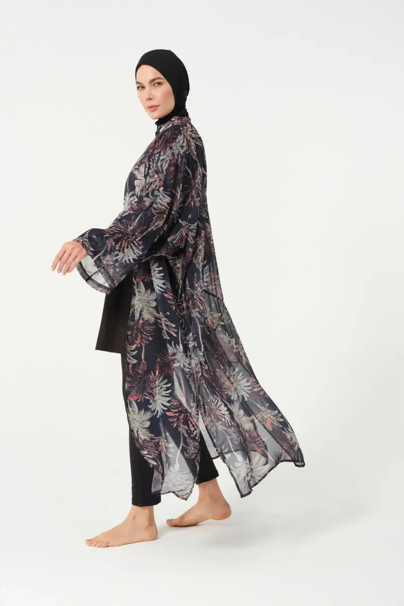 Kadın Yaprak Desenli Kemerli Şifon Pareo - 2632-25 Siyah - 4