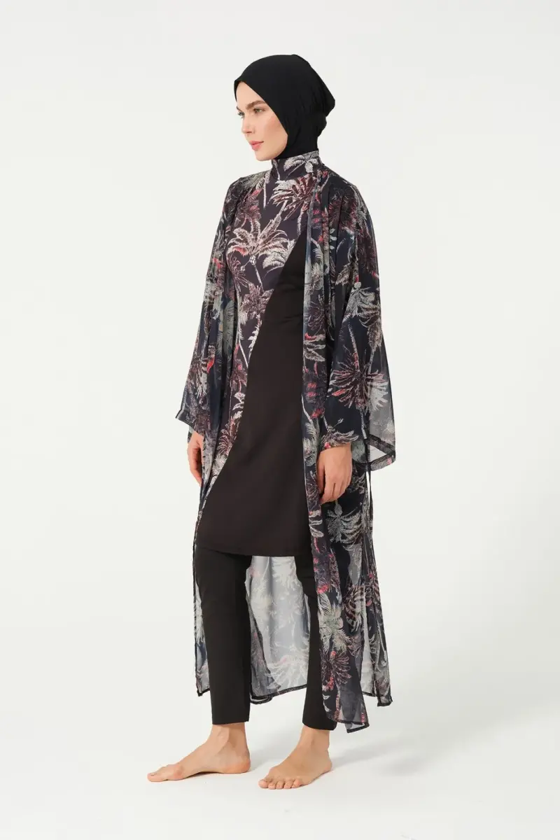 Kadın Yaprak Desenli Kemerli Şifon Pareo - 2632-25 Siyah - 5