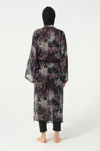 Kadın Yaprak Desenli Kemerli Şifon Pareo - 2632-25 Siyah - 6