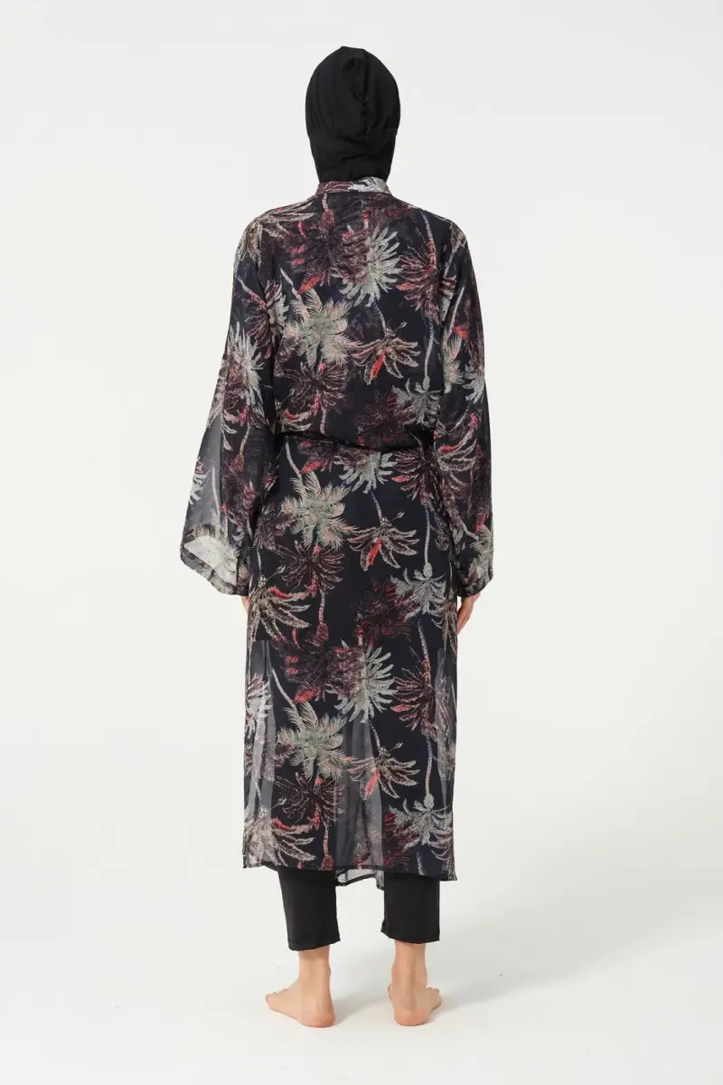 Kadın Yaprak Desenli Kemerli Şifon Pareo - 2632-25 Siyah - 6