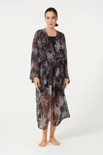 Kadın Yaprak Desenli Kemerli Şifon Pareo - 2632-25 Siyah - 7