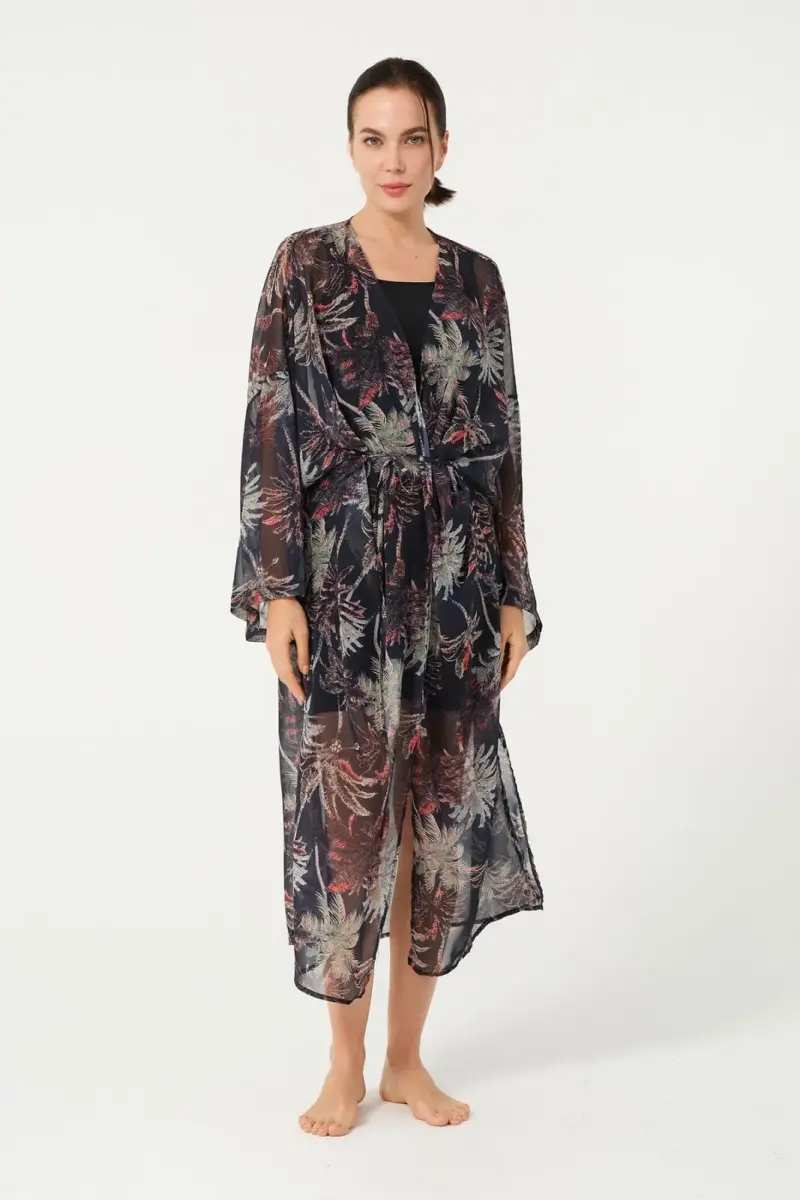 Kadın Yaprak Desenli Kemerli Şifon Pareo - 2632-25 Siyah - 7