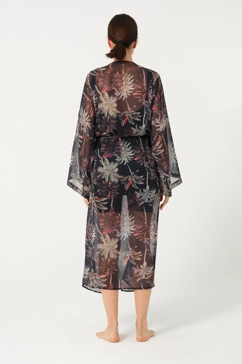 Kadın Yaprak Desenli Kemerli Şifon Pareo - 2632-25 Siyah - 8