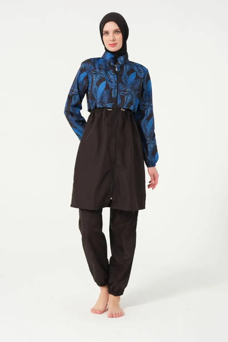 Kadın Yaprak Desenli Tam Kapalı Tesettür Mayo 22156-25 Siyah - 1