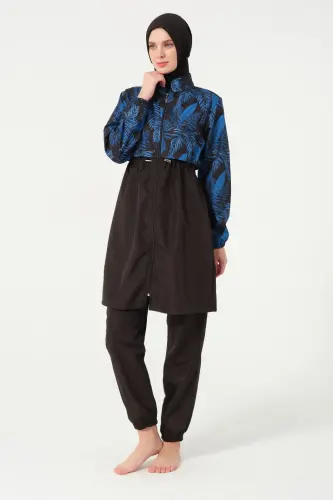 Kadın Yaprak Desenli Tam Kapalı Tesettür Mayo 22156-25 Siyah - Tesmay (1)