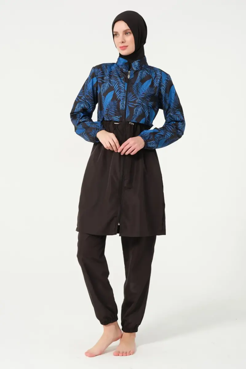 Kadın Yaprak Desenli Tam Kapalı Tesettür Mayo 22156-25 Siyah - 4