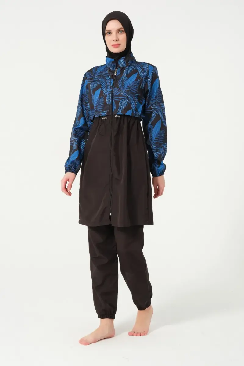 Kadın Yaprak Desenli Tam Kapalı Tesettür Mayo 22156-25 Siyah - 5