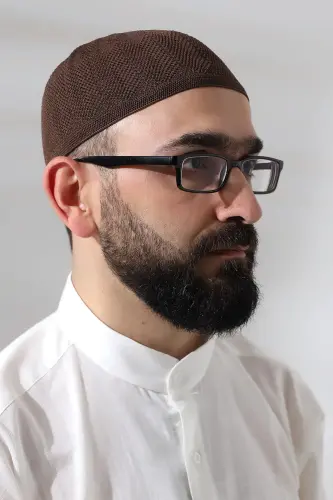 Kahve Safir Dantel Detaylı Örme Namaz Takkesi - ihvanonline (1)