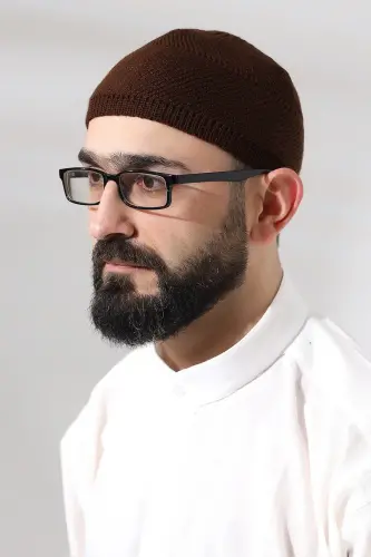 Kahve Süper Namaz Dantel Detaylı Örme Orlon Namaz Takkesi 