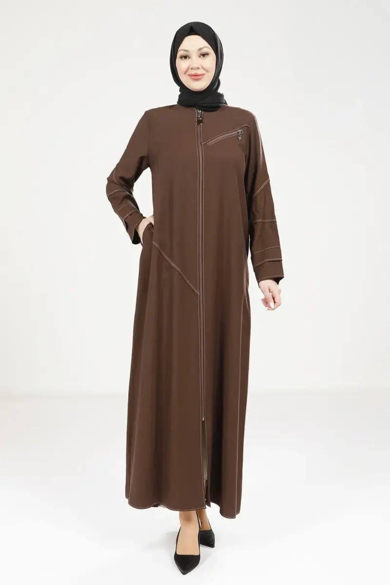 Kahve Tensel Kot Fermuarlı Yuvarlak Yaka Spor Tesettür Ferace 9200-25 - 1