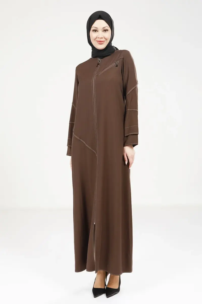 Kahve Tensel Kot Fermuarlı Yuvarlak Yaka Spor Tesettür Ferace 9200-25 - 2