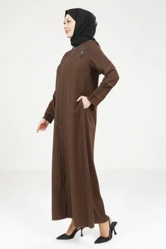 Kahve Tensel Kot Fermuarlı Yuvarlak Yaka Spor Tesettür Ferace 9200-25 - 3
