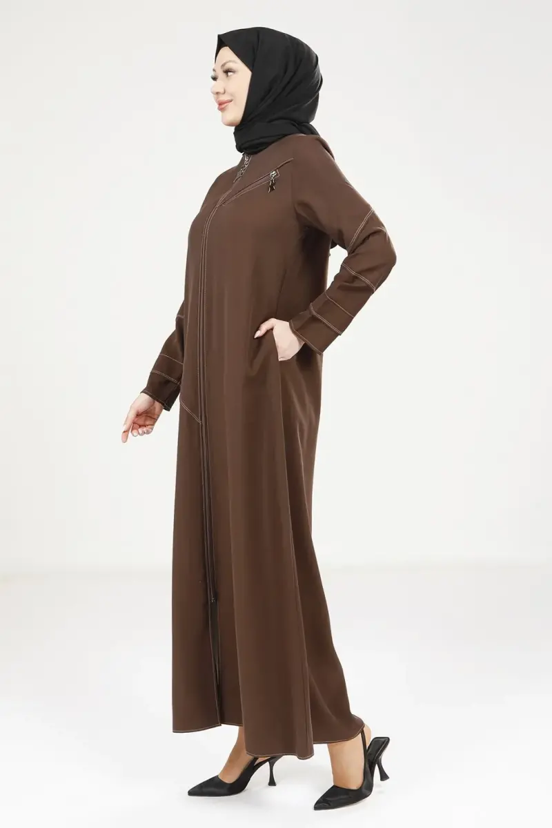Kahve Tensel Kot Fermuarlı Yuvarlak Yaka Spor Tesettür Ferace 9200-25 - 3