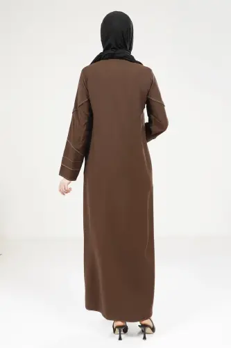 Kahve Tensel Kot Fermuarlı Yuvarlak Yaka Spor Tesettür Ferace 9200-25 - 4