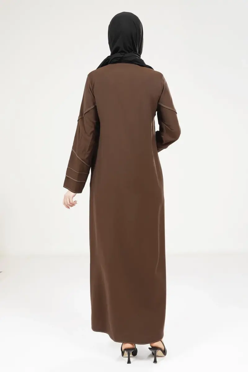 Kahve Tensel Kot Fermuarlı Yuvarlak Yaka Spor Tesettür Ferace 9200-25 - 4