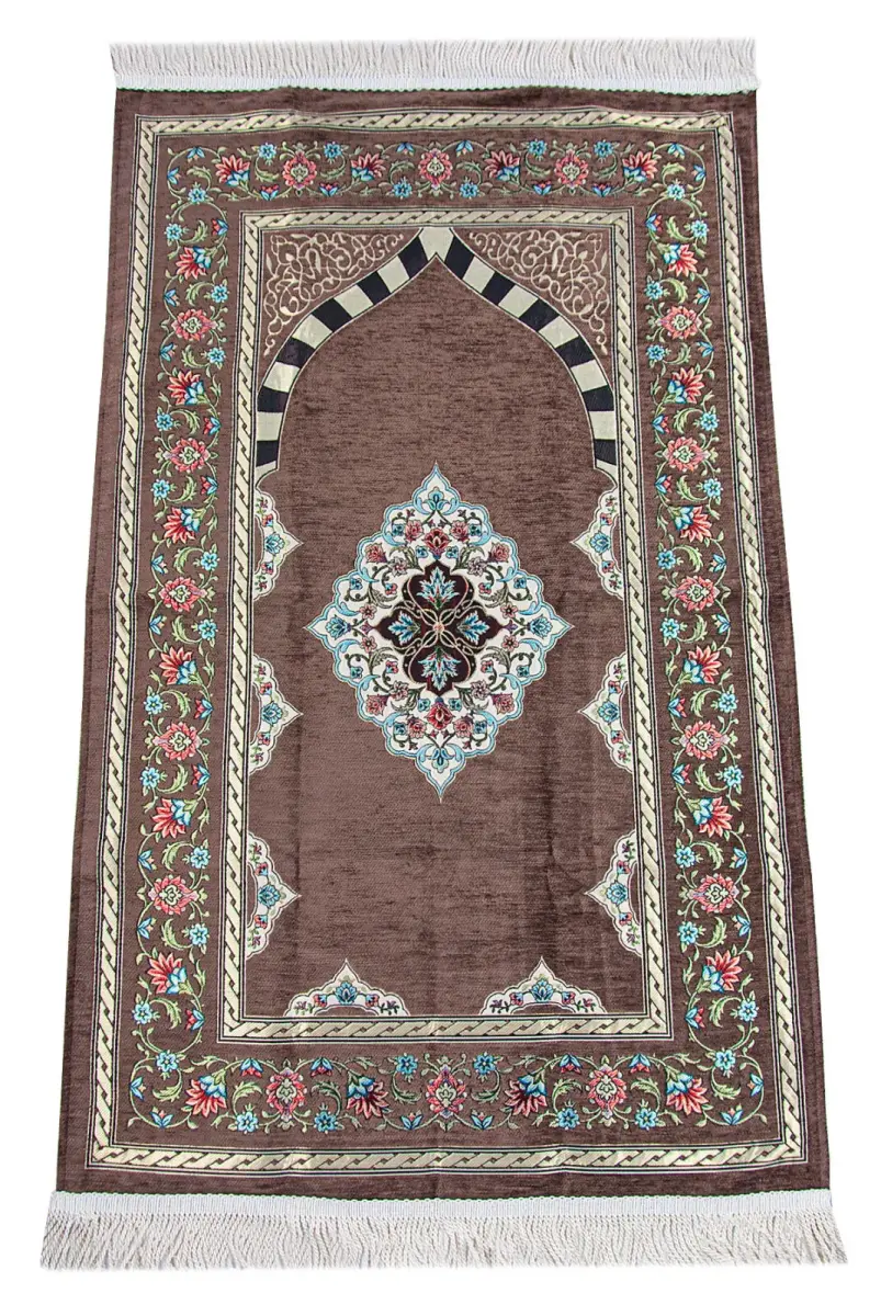 Kahverengi Çiçek Motifli Mihraplı Astarlı Şönil Seccade - 1