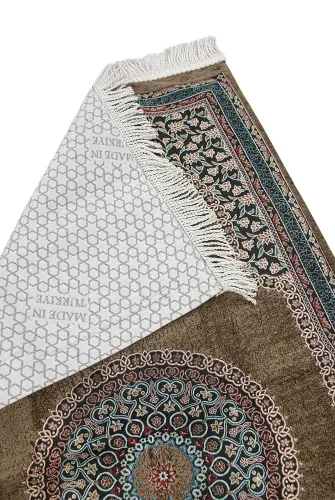 Kahverengi Geleneksel Motifli Örgü Saçaklı Mihraplı Astarlı Şönil Seccade - ihvanonline (1)