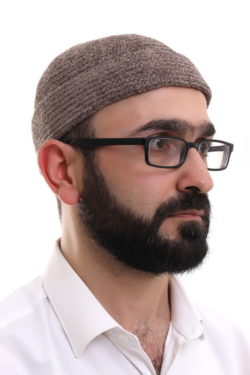 Kahverengi Katlamalı Sade Desen Kışlık Kadife Takke Şapka - 2