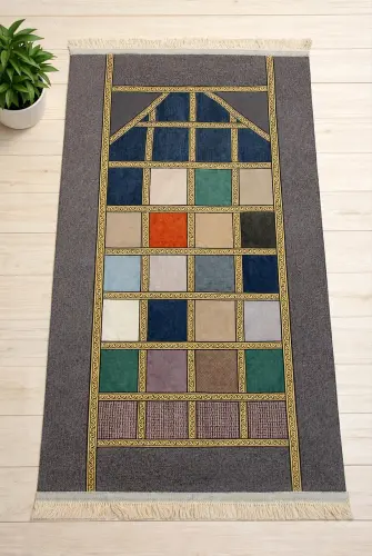 Kalın Çift Katlı Astarlı Seccade – Kırk Yama Desenli Yumuşak Seccade - Koyu Gri 