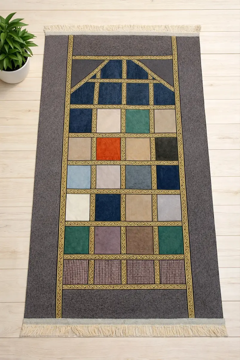 Kalın Çift Katlı Astarlı Seccade – Kırk Yama Desenli Yumuşak Seccade - Koyu Gri - 1