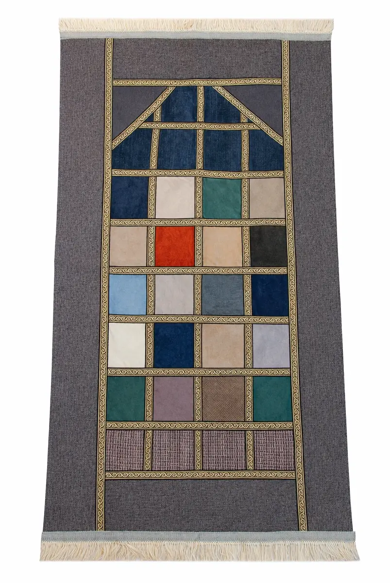 Kalın Çift Katlı Astarlı Seccade – Kırk Yama Desenli Yumuşak Seccade - Koyu Gri - 2