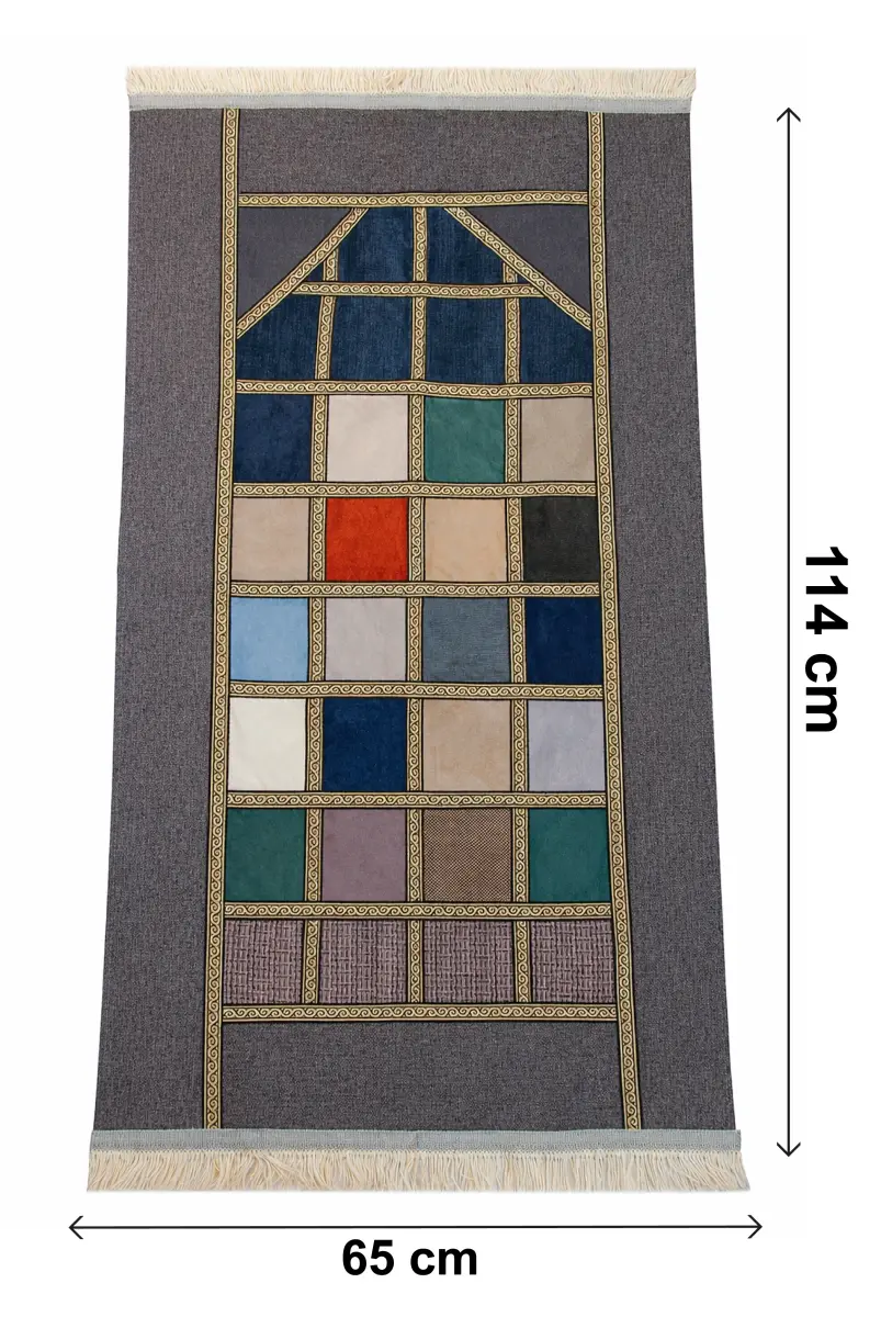 Kalın Çift Katlı Astarlı Seccade – Kırk Yama Desenli Yumuşak Seccade - Koyu Gri - 6