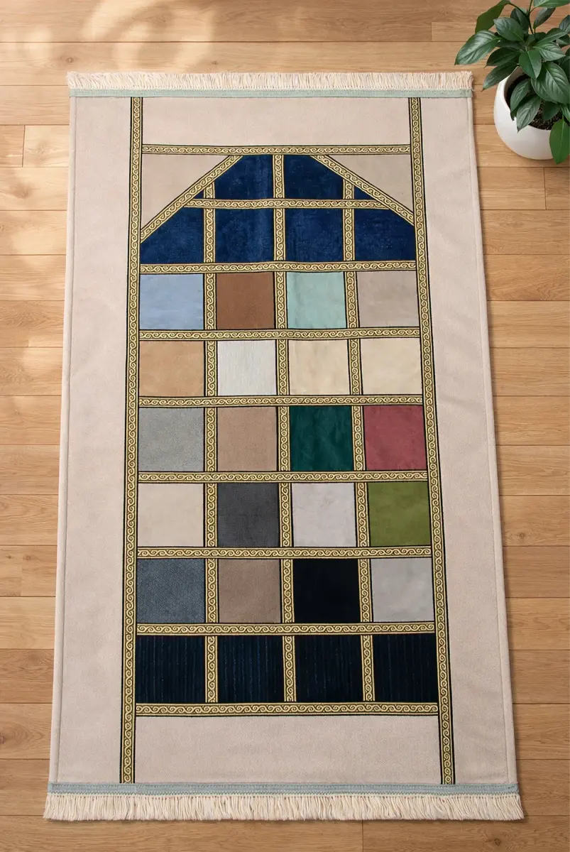 Kalın Çift Katlı Astarlı Seccade – Kırk Yama Desenli Yumuşak Seccade - Krem - 1